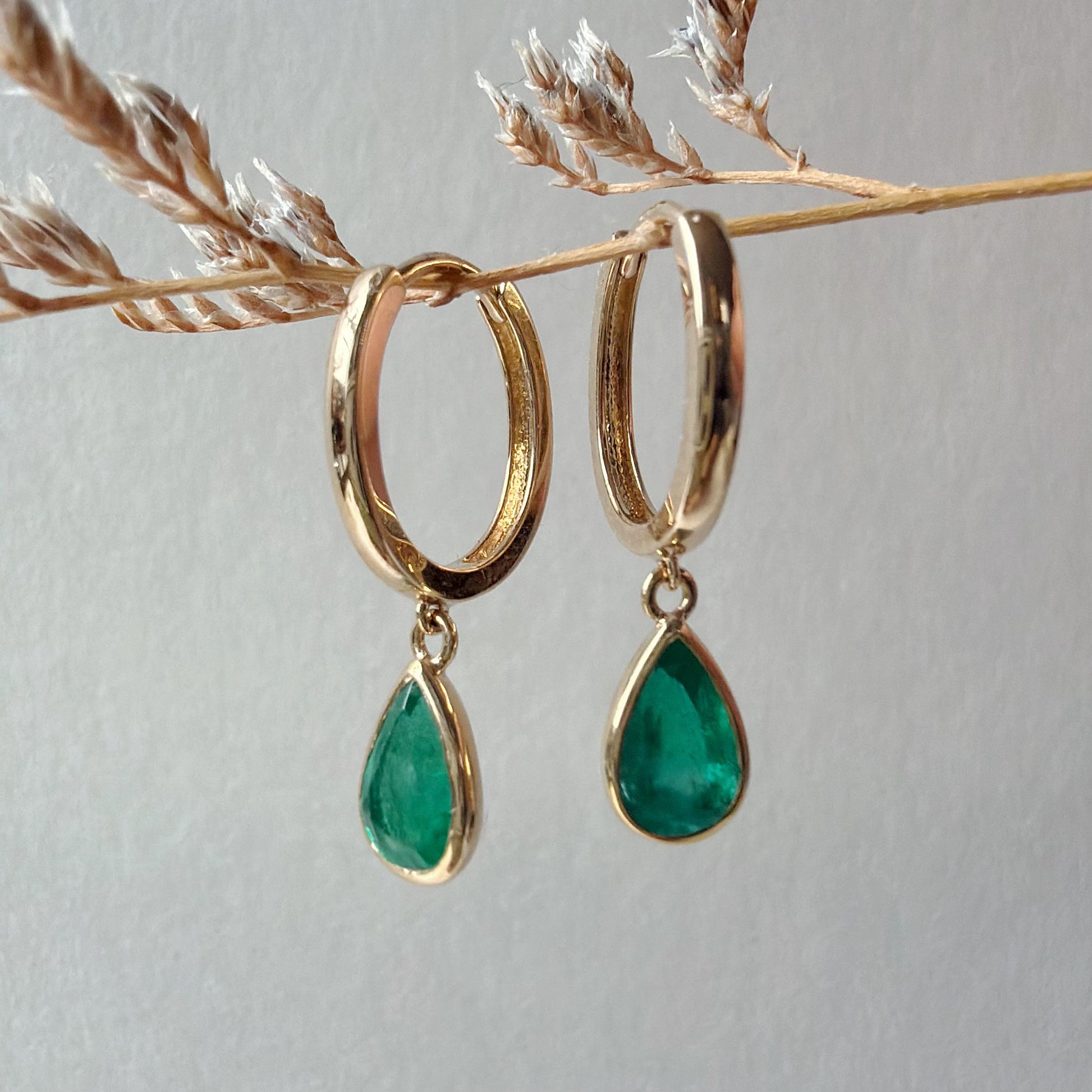 14K Solid Gold 1.28 Carat Zambian Teardrop Emerald Bezel Dangle Hoops