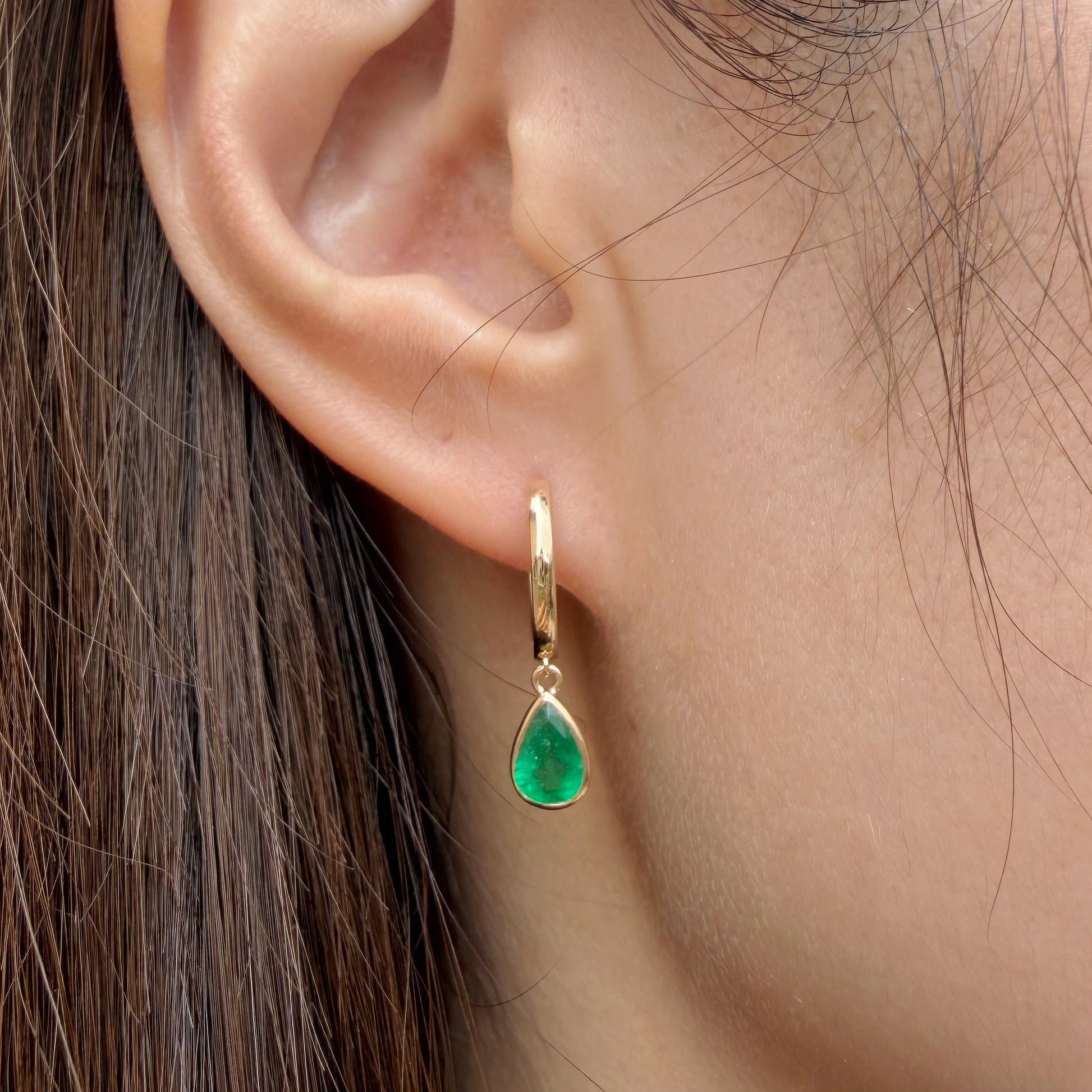 14K Solid Gold 1.28 Carat Zambian Teardrop Emerald Bezel Dangle Hoops