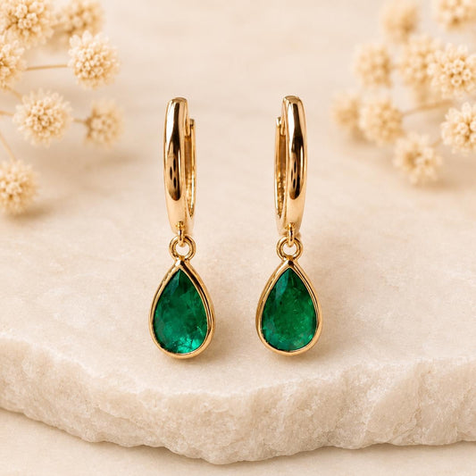 14K Solid Gold 1.28 Carat Zambian Teardrop Emerald Bezel Dangle Hoops