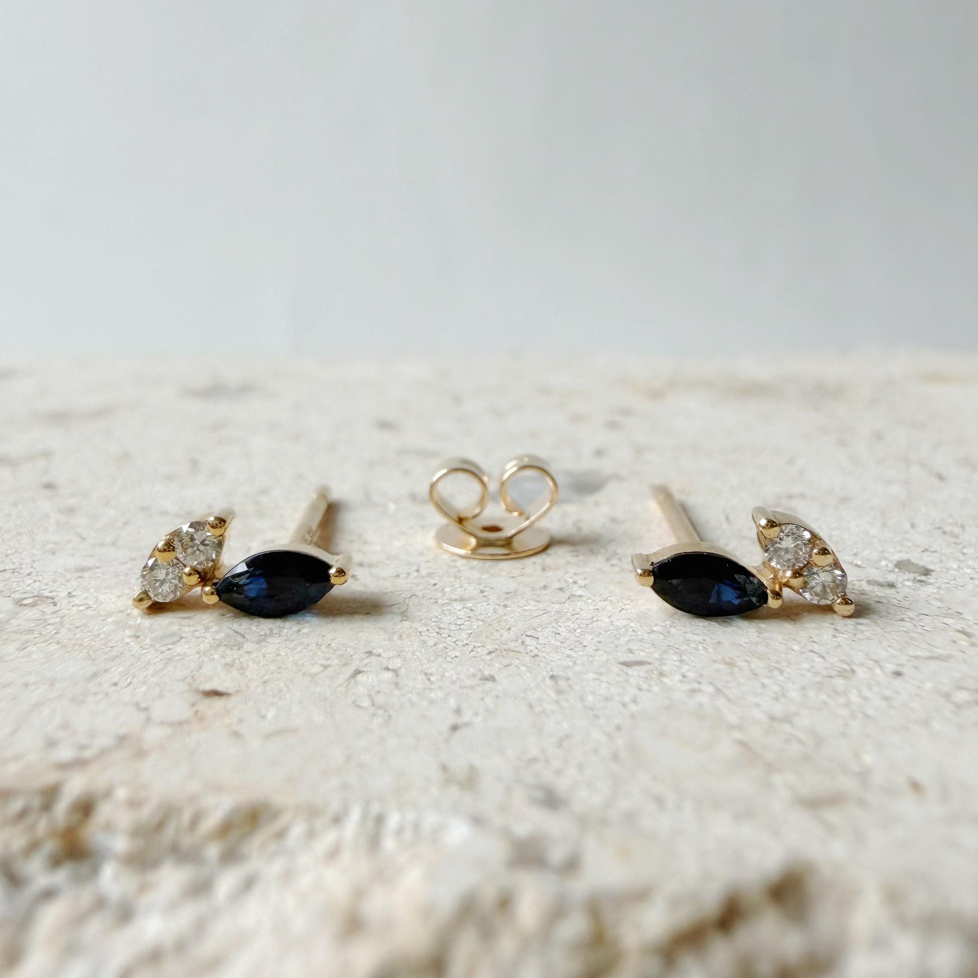 14K Solid Gold Natural Sapphire & Diamond Stud Earrings | Marquise Sapphire Earrings | September Birthstone Gift | Minimalist Fine Jewelry