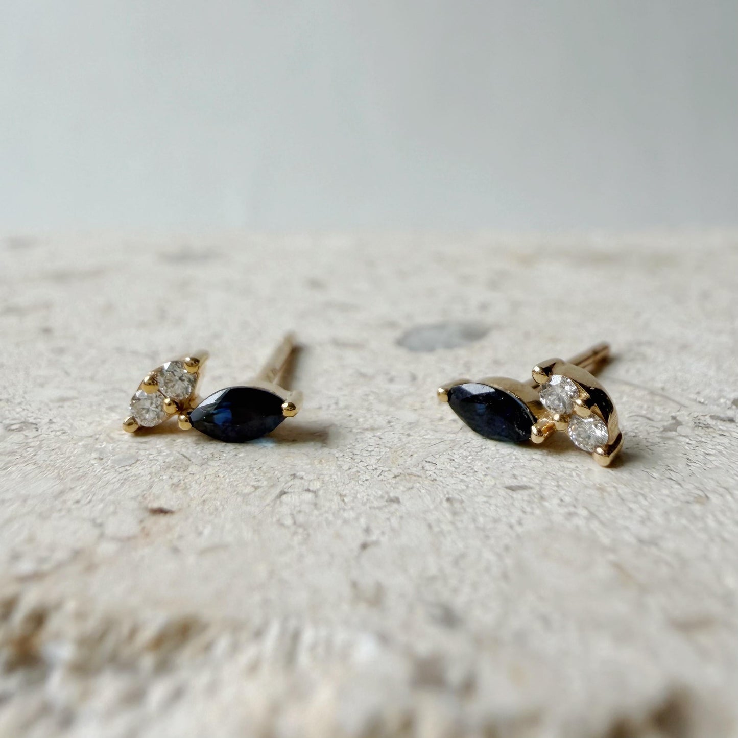 14K Solid Gold Natural Sapphire & Diamond Stud Earrings | Marquise Sapphire Earrings | September Birthstone Gift | Minimalist Fine Jewelry
