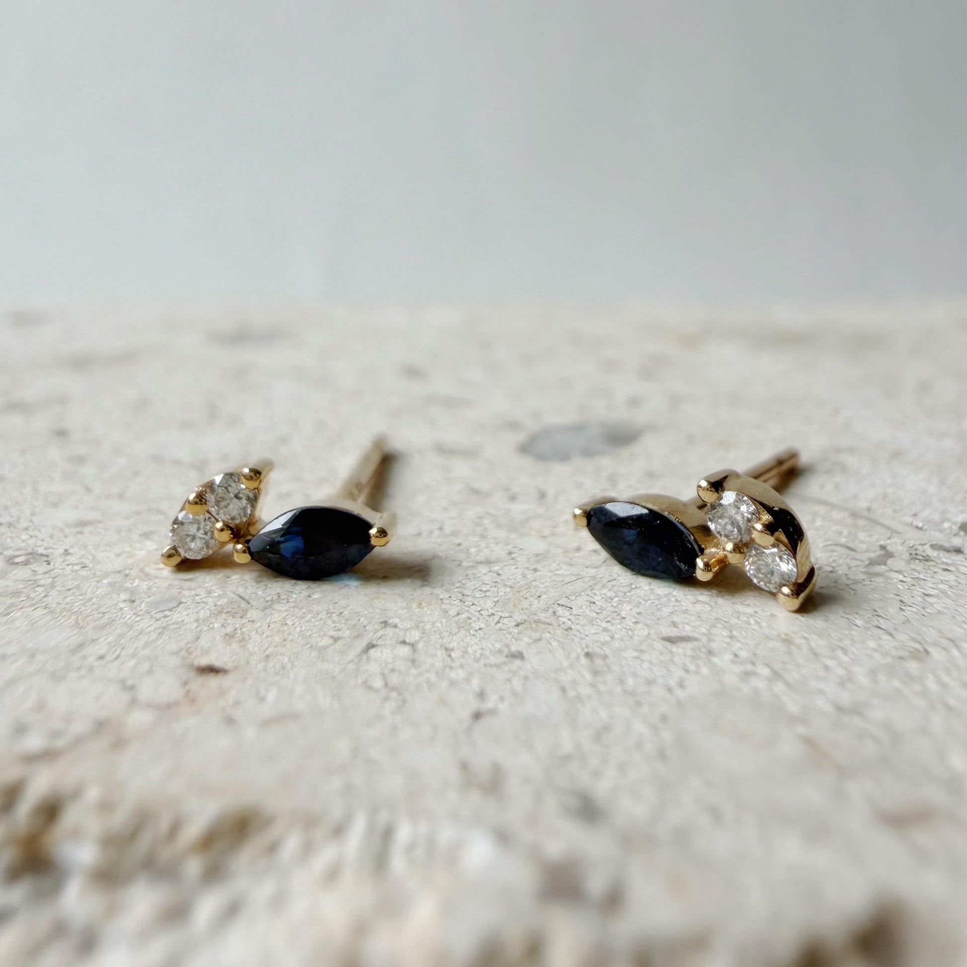 14K Solid Gold Natural Sapphire & Diamond Stud Earrings | Marquise Sapphire Earrings | September Birthstone Gift | Minimalist Fine Jewelry