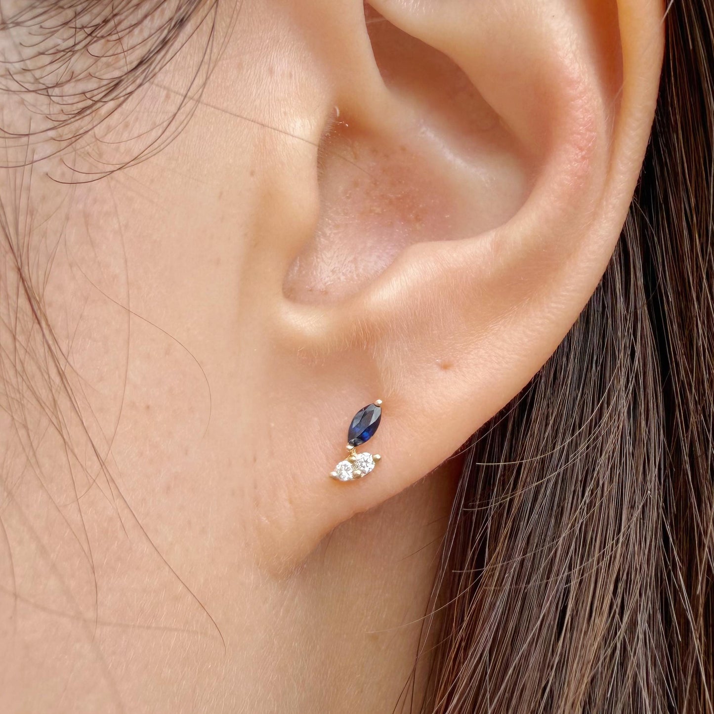 14K Solid Gold Natural Sapphire & Diamond Stud Earrings | Marquise Sapphire Earrings | September Birthstone Gift | Minimalist Fine Jewelry