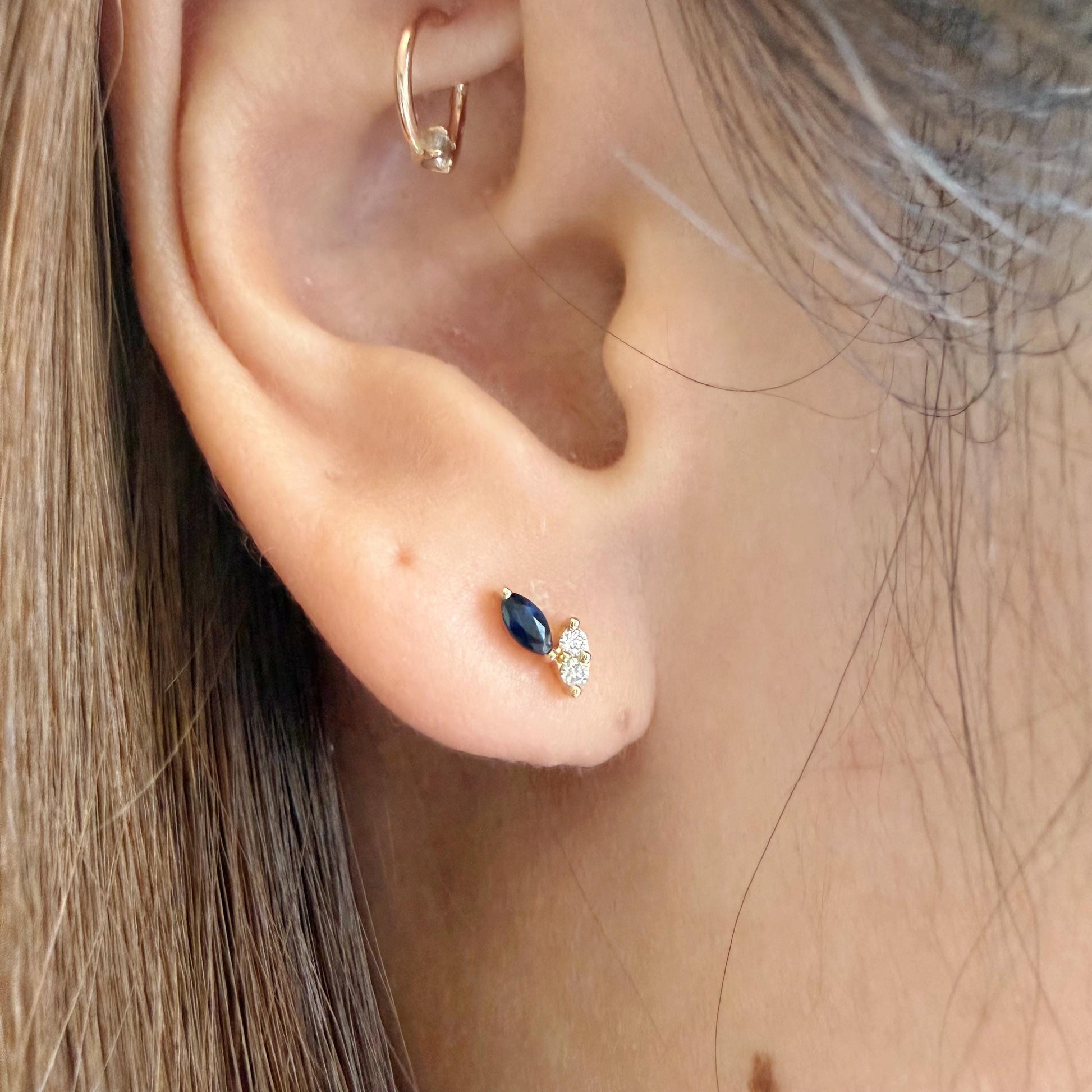 14K Solid Gold Natural Sapphire & Diamond Stud Earrings | Marquise Sapphire Earrings | September Birthstone Gift | Minimalist Fine Jewelry