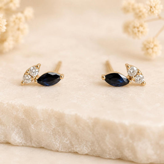 14K Solid Gold Natural Sapphire & Diamond Stud Earrings | Marquise Sapphire Earrings | September Birthstone Gift | Minimalist Fine Jewelry