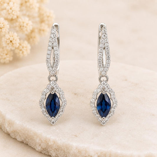 14K Solid White Gold Natural Sapphire Diamond Dangle Earrings | Marquise Sapphire Drop Earrings | September Birthstone Fine Jewelry Gift