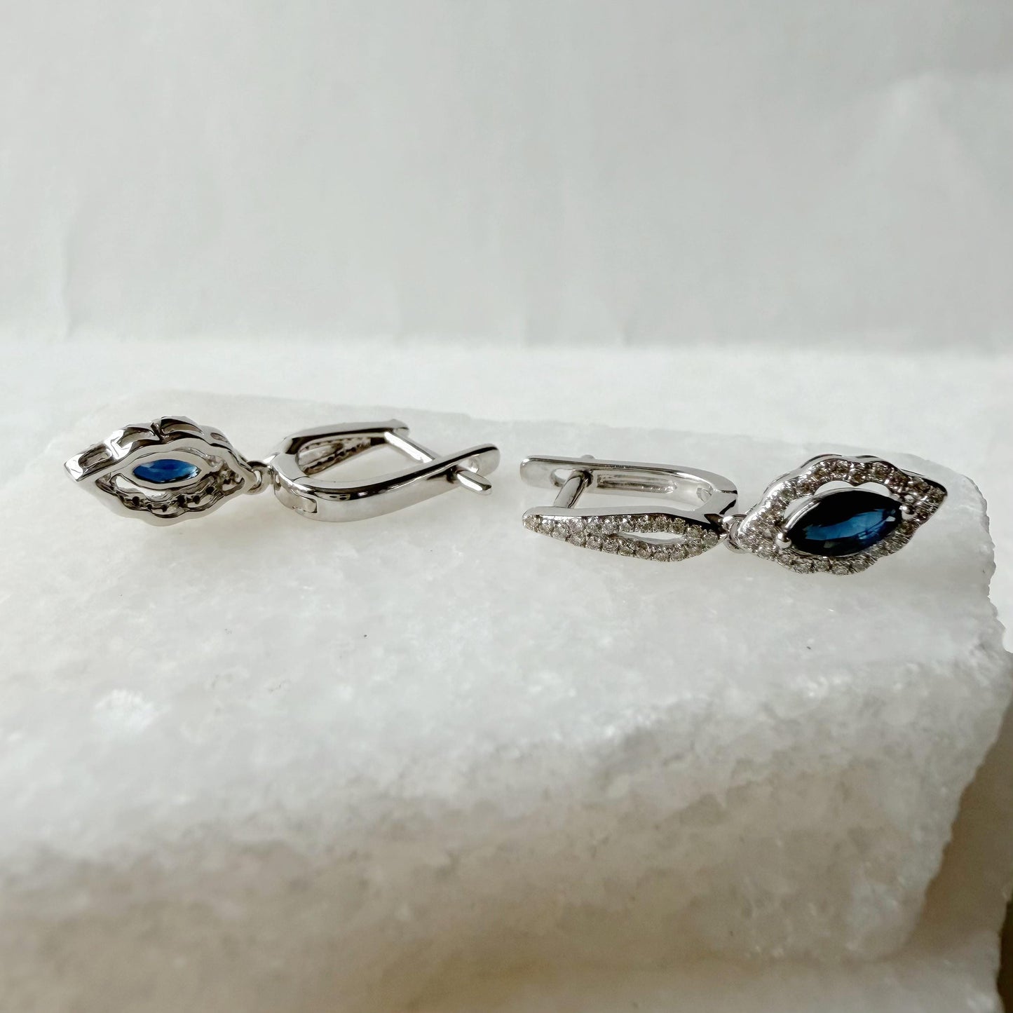 14K Solid White Gold Natural Sapphire Diamond Dangle Earrings | Marquise Sapphire Drop Earrings | September Birthstone Fine Jewelry Gift