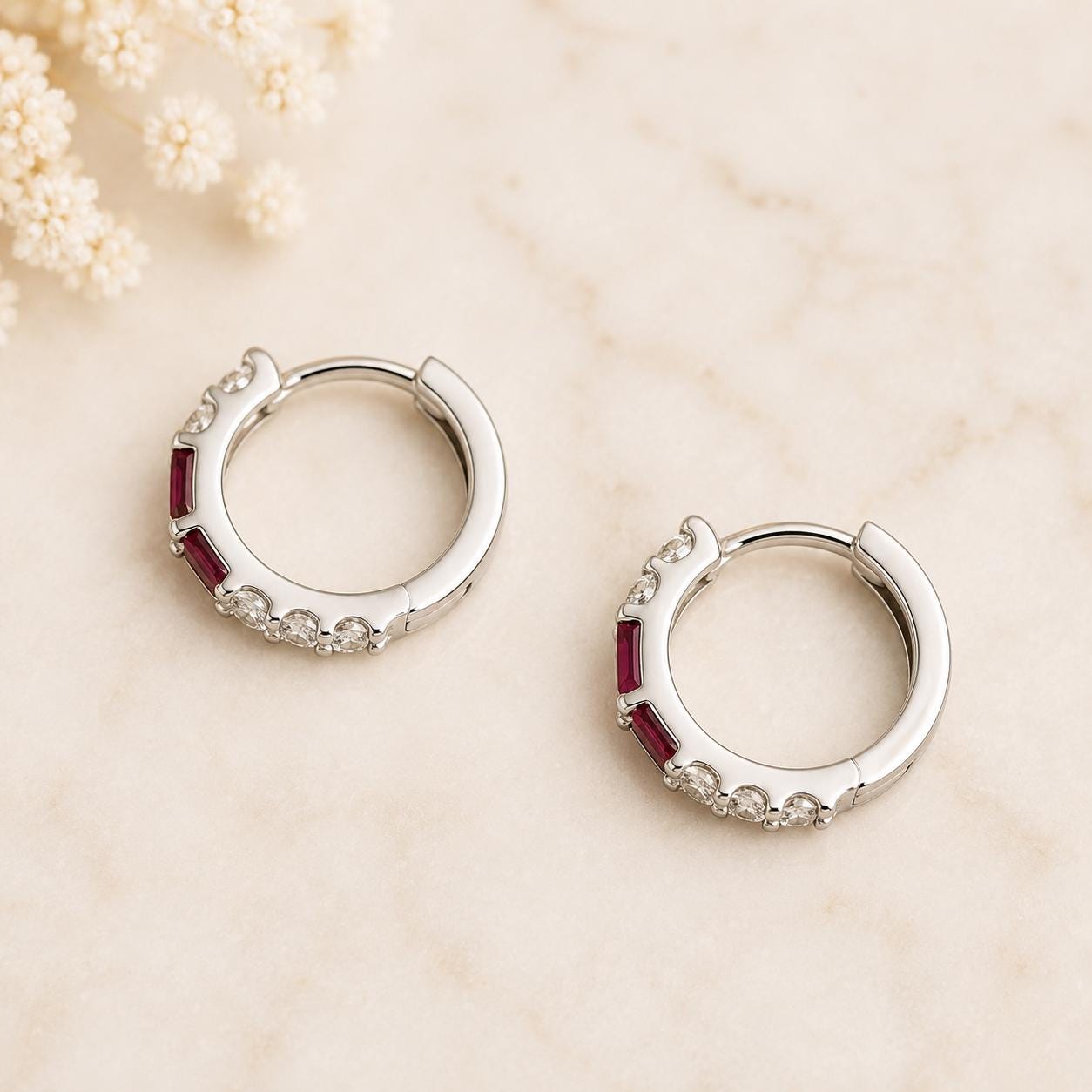 14K Solid Gold Baguette Ruby Diamond Hoop Earrings | Natural Ruby Huggie Hoops | July Birthstone Fine Jewelry Gift for Her