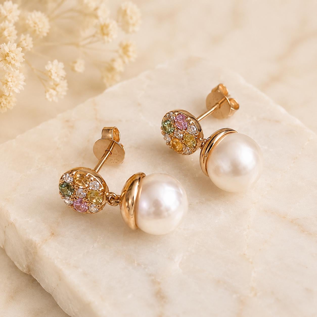 18K Rose Gold Akoya Pearl Earrings | Natural Pearl Diamond & Multi Color Sapphire Drop Earrings | Genuine Pearl Dangle Earrings