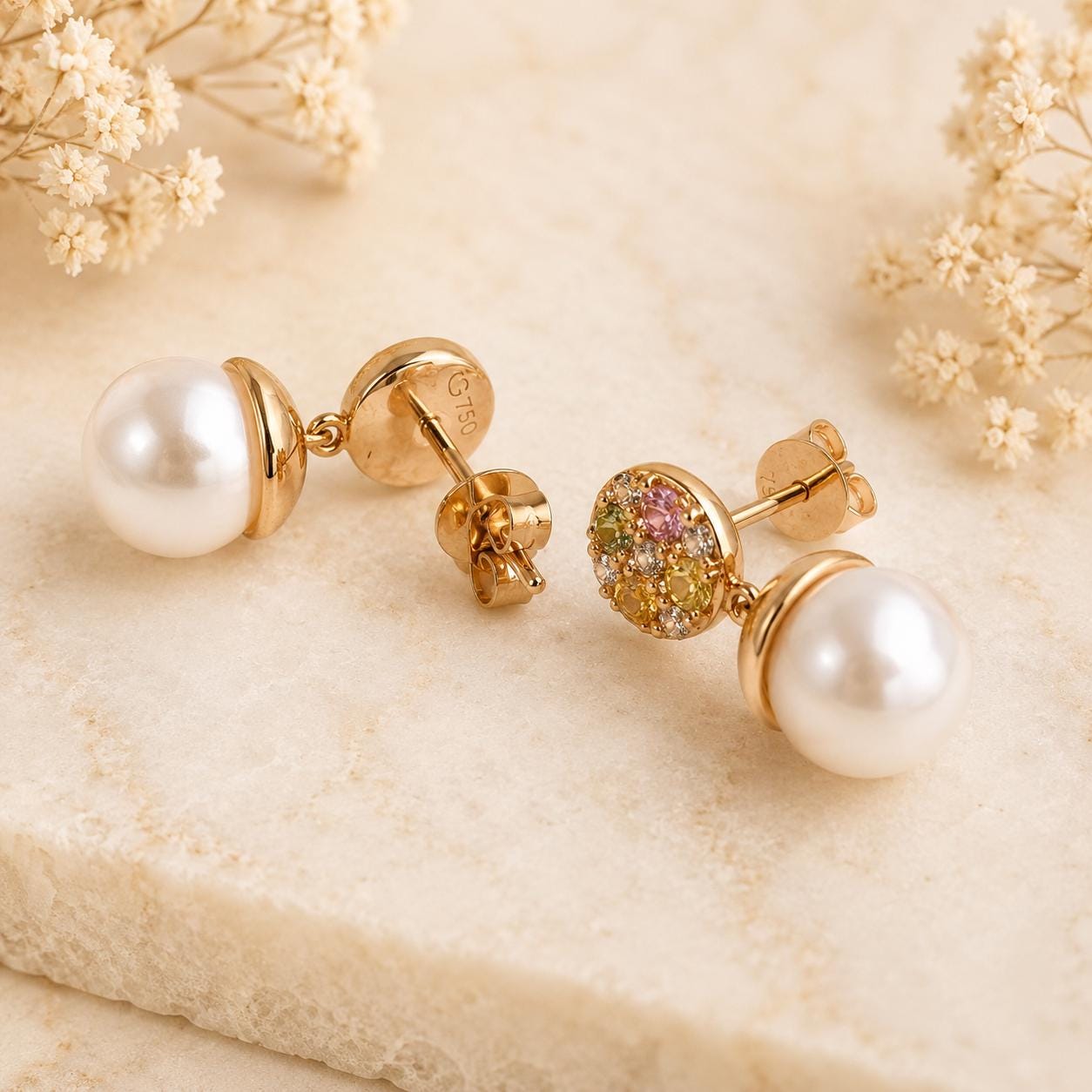 18K Rose Gold Akoya Pearl Earrings | Natural Pearl Diamond & Multi Color Sapphire Drop Earrings | Genuine Pearl Dangle Earrings