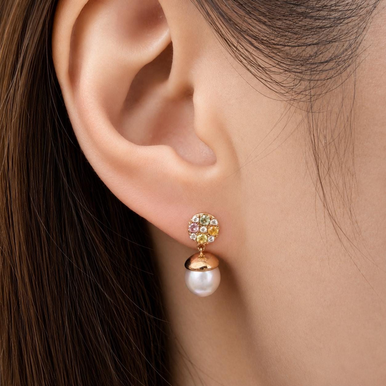 18K Rose Gold Akoya Pearl Earrings | Natural Pearl Diamond & Multi Color Sapphire Drop Earrings | Genuine Pearl Dangle Earrings