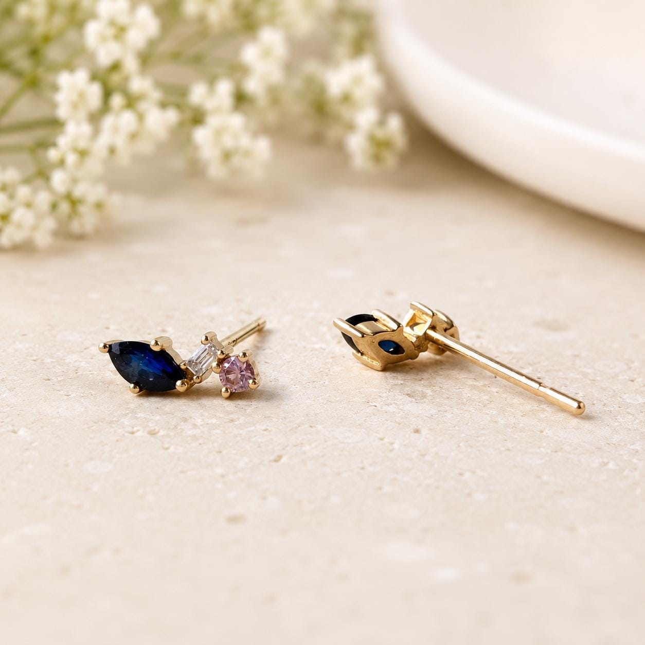14K Solid Gold Natural Sapphire Stud Earrings, Diamond & Pink Sapphire Earrings, Marquise Sapphire Studs, September Birthstone Gift for Her