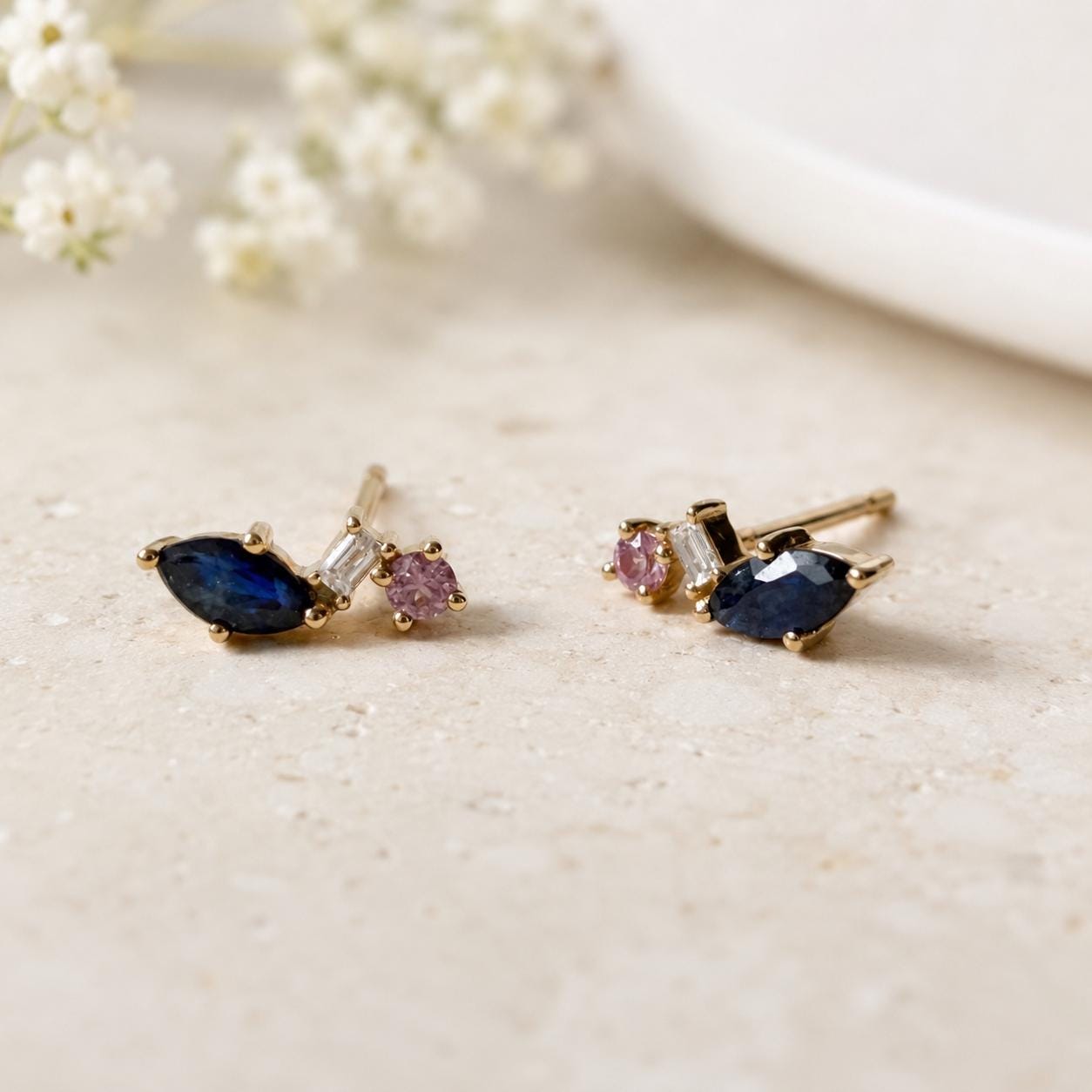 14K Solid Gold Natural Sapphire Stud Earrings, Diamond & Pink Sapphire Earrings, Marquise Sapphire Studs, September Birthstone Gift for Her