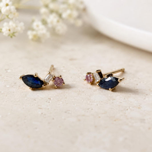 14K Solid Gold Natural Sapphire Stud Earrings, Diamond & Pink Sapphire Earrings, Marquise Sapphire Studs, September Birthstone Gift for Her