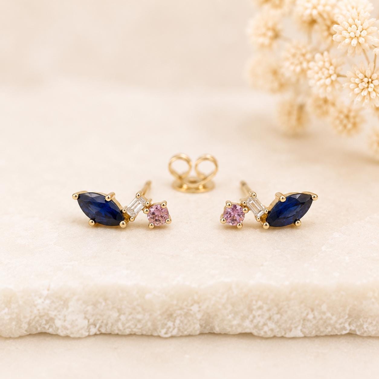 14K Solid Gold Natural Sapphire Stud Earrings, Diamond & Pink Sapphire Earrings, Marquise Sapphire Studs, September Birthstone Gift for Her