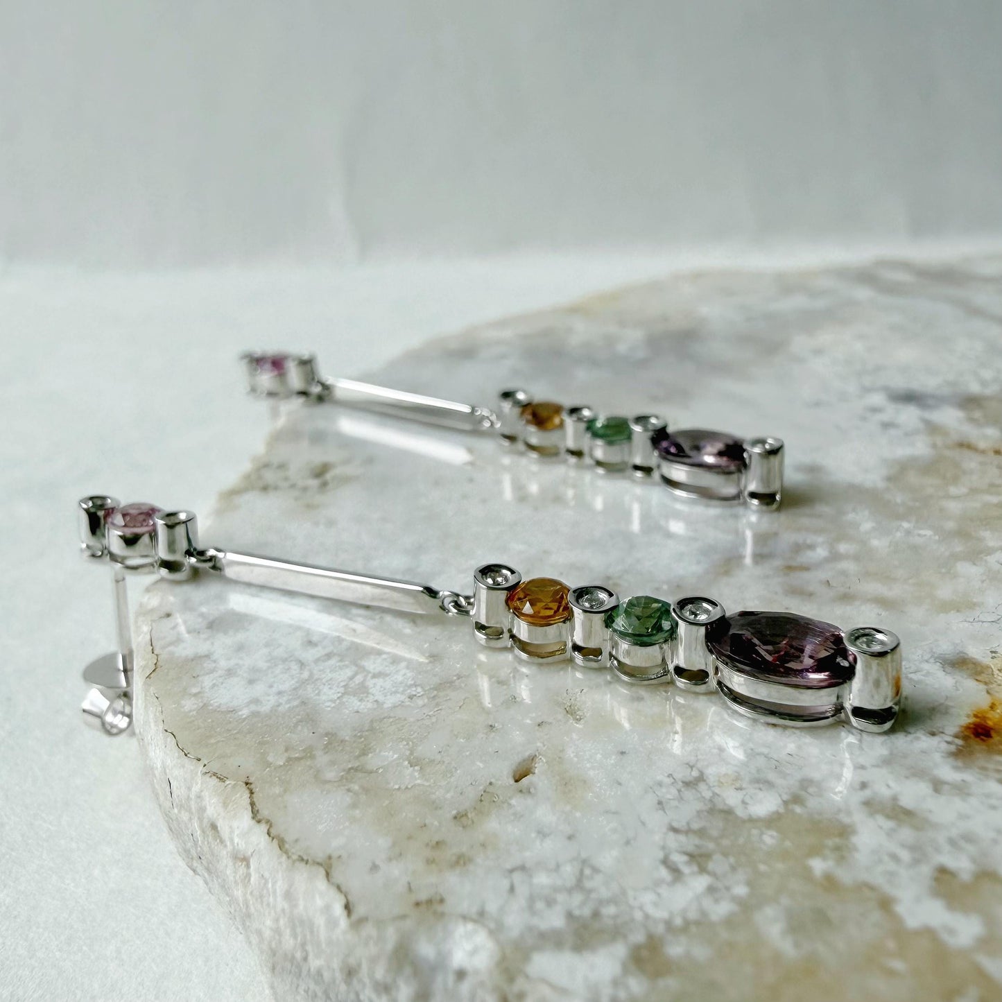18K Solid White Gold Rainbow Sapphire and Diamond Drop Earrings | Natural Multi Sapphire Dangle Earrings | Luxury Gemstone Earrings