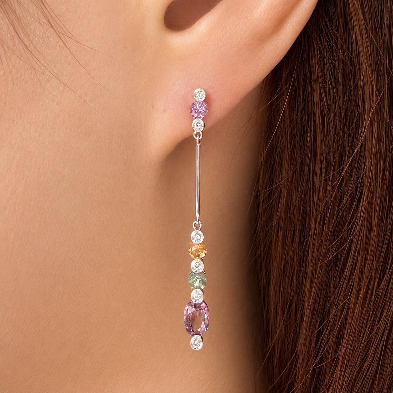 18K Solid White Gold Rainbow Sapphire and Diamond Drop Earrings | Natural Multi Sapphire Dangle Earrings | Luxury Gemstone Earrings