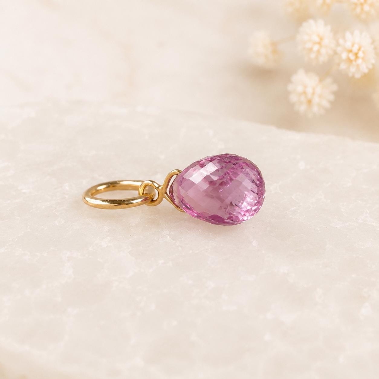 14K Solid Gold Pink Sapphire Necklace | Natural Pink Sapphire Pendant | September Birthstone Necklace | Briolette Cut Pendant