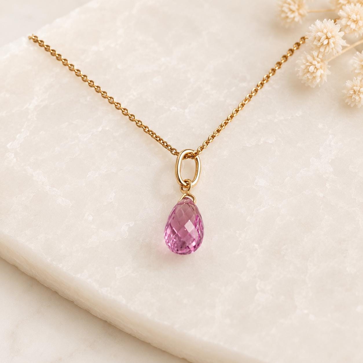 14K Solid Gold Pink Sapphire Necklace | Natural Pink Sapphire Pendant | September Birthstone Necklace | Briolette Cut Pendant
