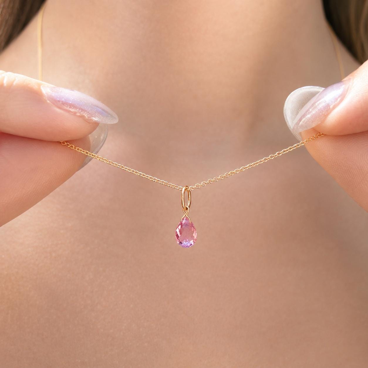 14K Solid Gold Pink Sapphire Necklace | Natural Pink Sapphire Pendant | September Birthstone Necklace | Briolette Cut Pendant
