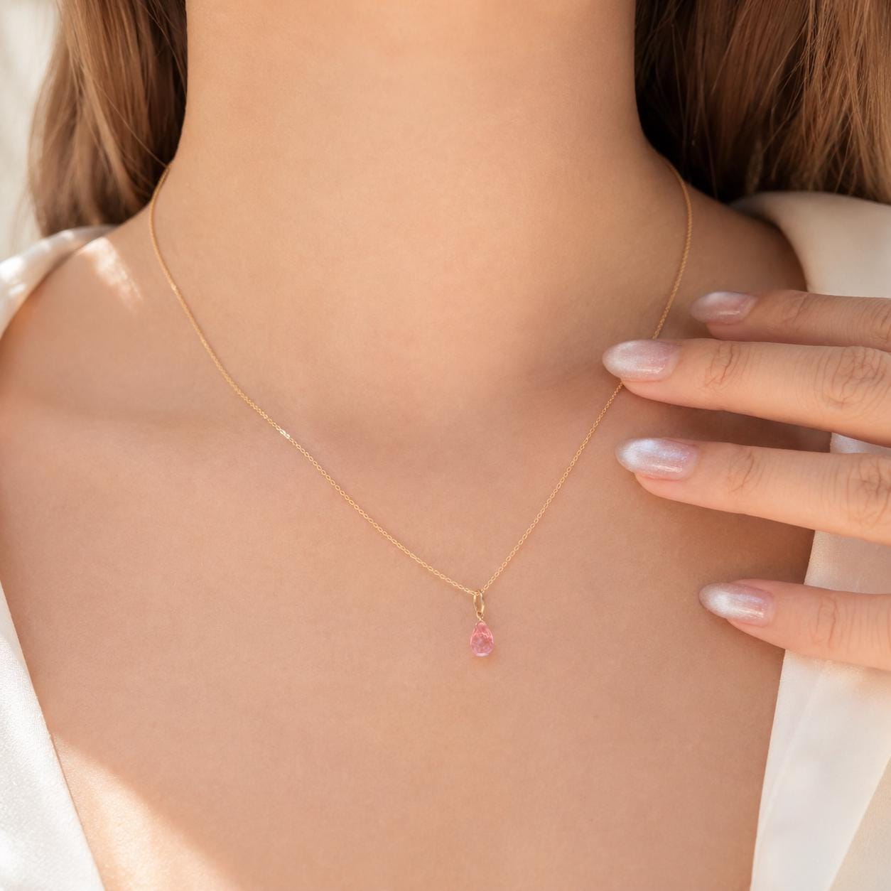 14K Solid Gold Pink Sapphire Necklace | Natural Pink Sapphire Pendant | September Birthstone Necklace | Briolette Cut Pendant