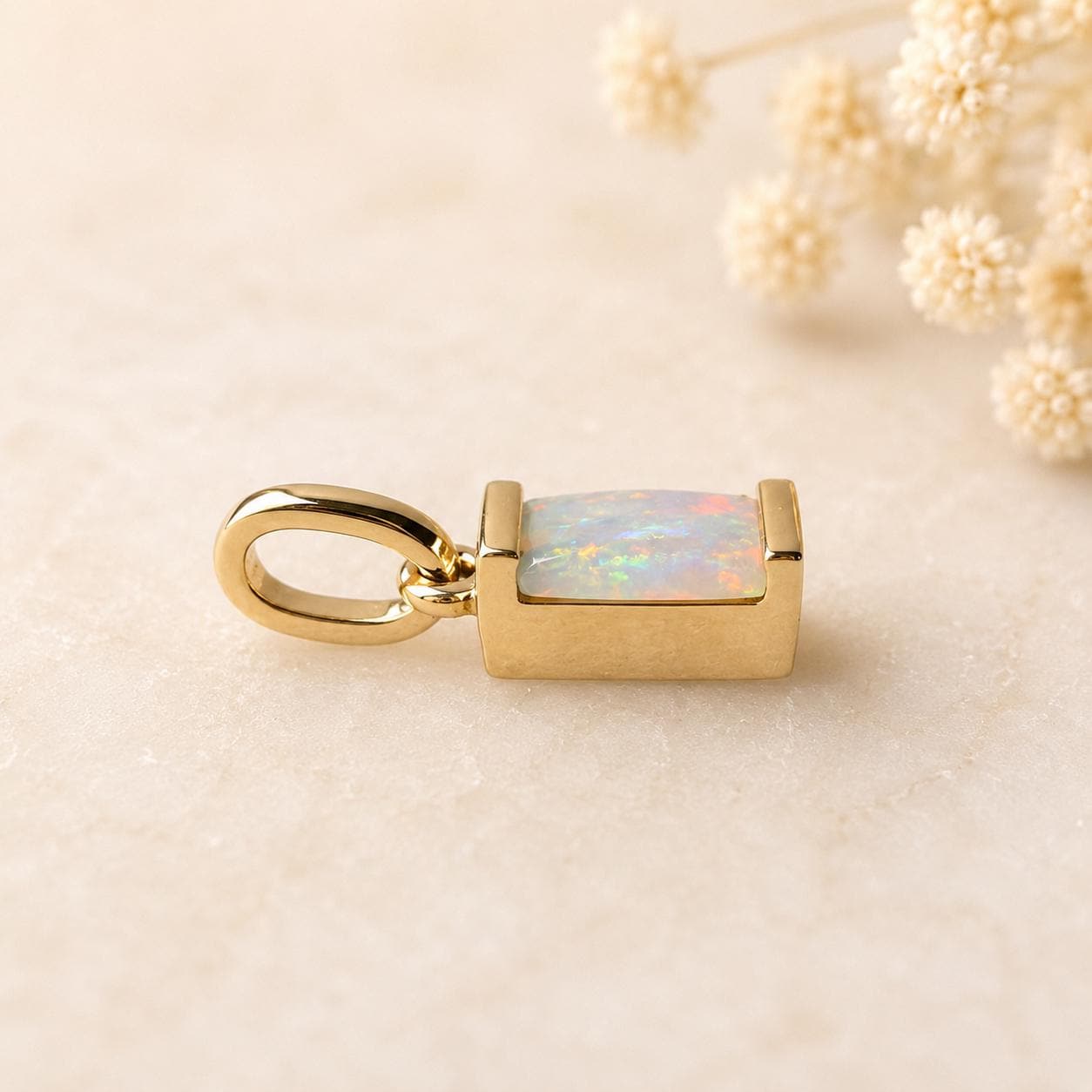 14K Solid Gold Natural Australian Opal Necklace | Genuine Opal Pendant | Opal Baguette Pendant | October Birthstone Gift