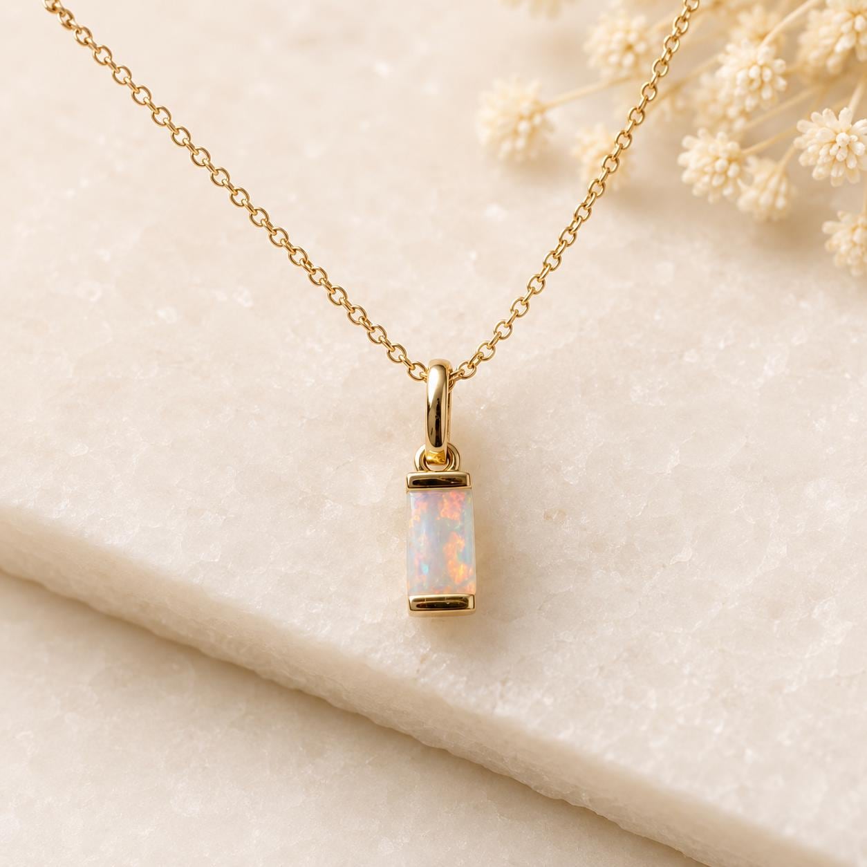 14K Solid Gold Natural Australian Opal Necklace | Genuine Opal Pendant | Opal Baguette Pendant | October Birthstone Gift