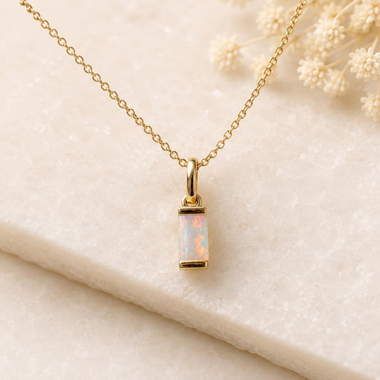 14K Solid Gold Natural Australian Opal Necklace | Genuine Opal Pendant | Opal Baguette Pendant | October Birthstone Gift