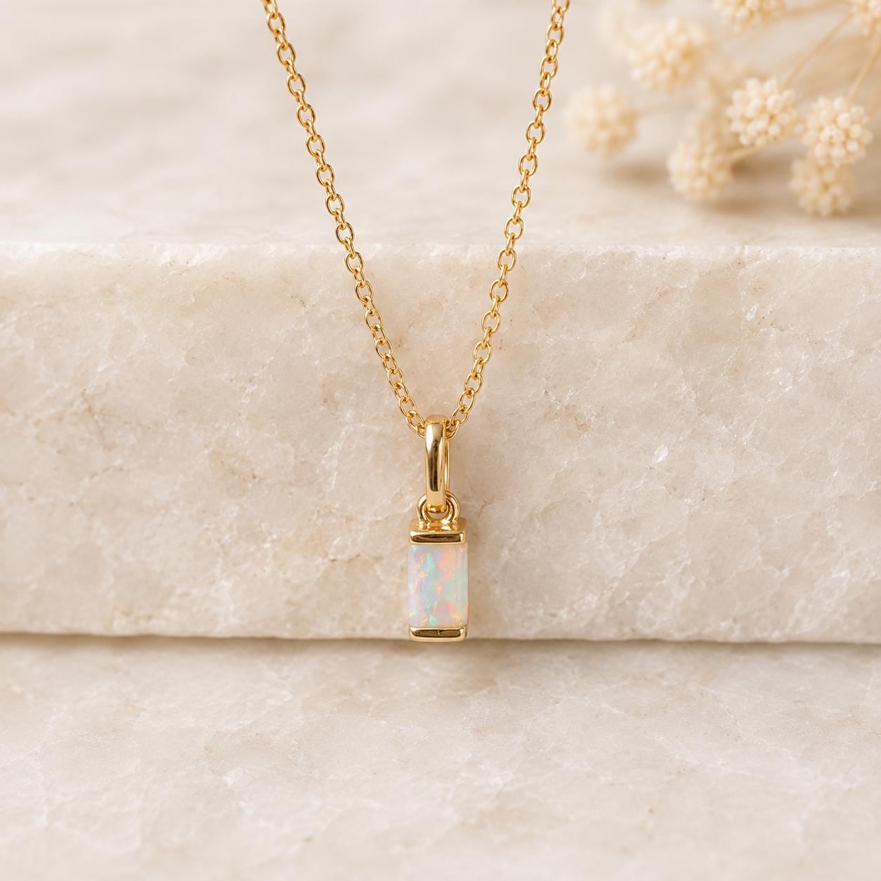 14K Solid Gold Natural Australian Opal Necklace | Genuine Opal Pendant | Opal Baguette Pendant | October Birthstone Gift