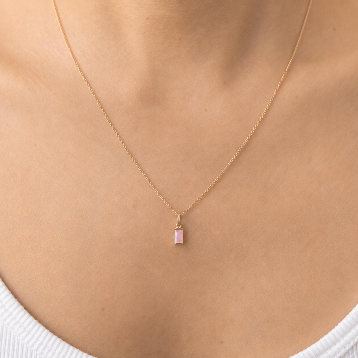 14K Solid Gold Natural Australian Opal Necklace | Genuine Opal Pendant | Opal Baguette Pendant | October Birthstone Gift
