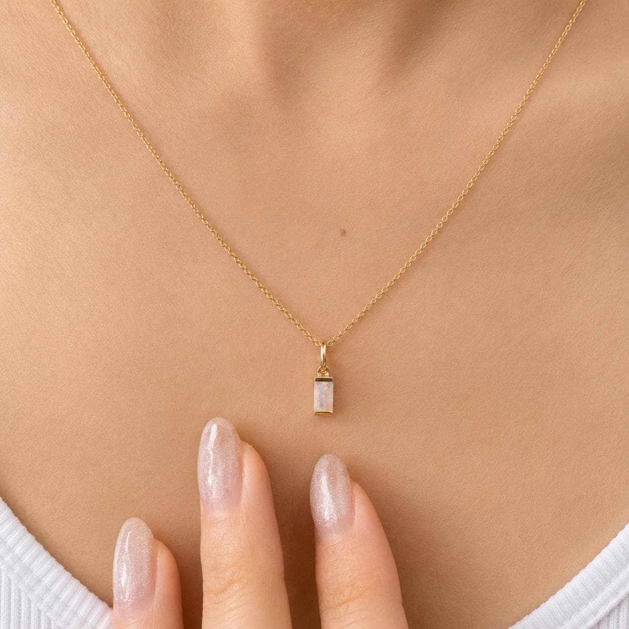 14K Solid Gold Natural Australian Opal Necklace | Genuine Opal Pendant | Opal Baguette Pendant | October Birthstone Gift
