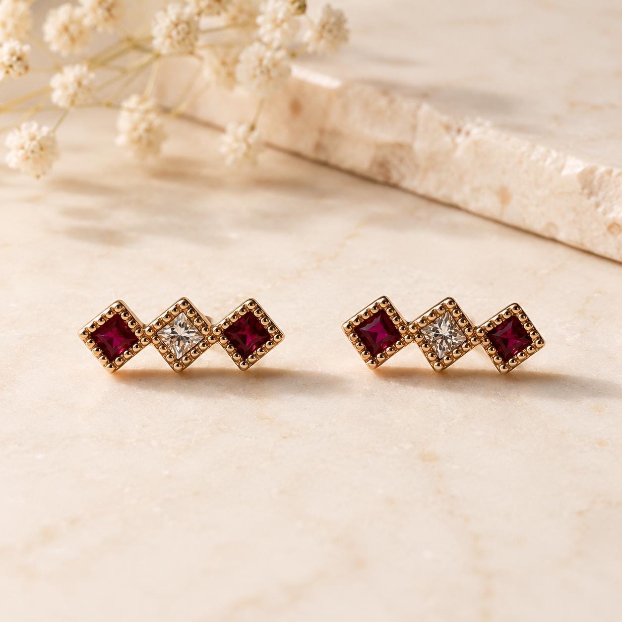18K Rose Gold Natural Ruby Diamond Stud Earrings | Princess Cut Ruby Earrings | July Birthstone Earrings | Ruby Bar Studs