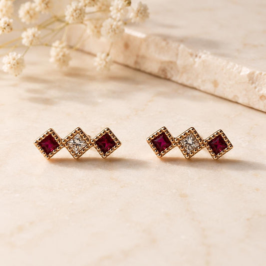 18K Rose Gold Natural Ruby Diamond Stud Earrings | Princess Cut Ruby Earrings | July Birthstone Earrings | Ruby Bar Studs
