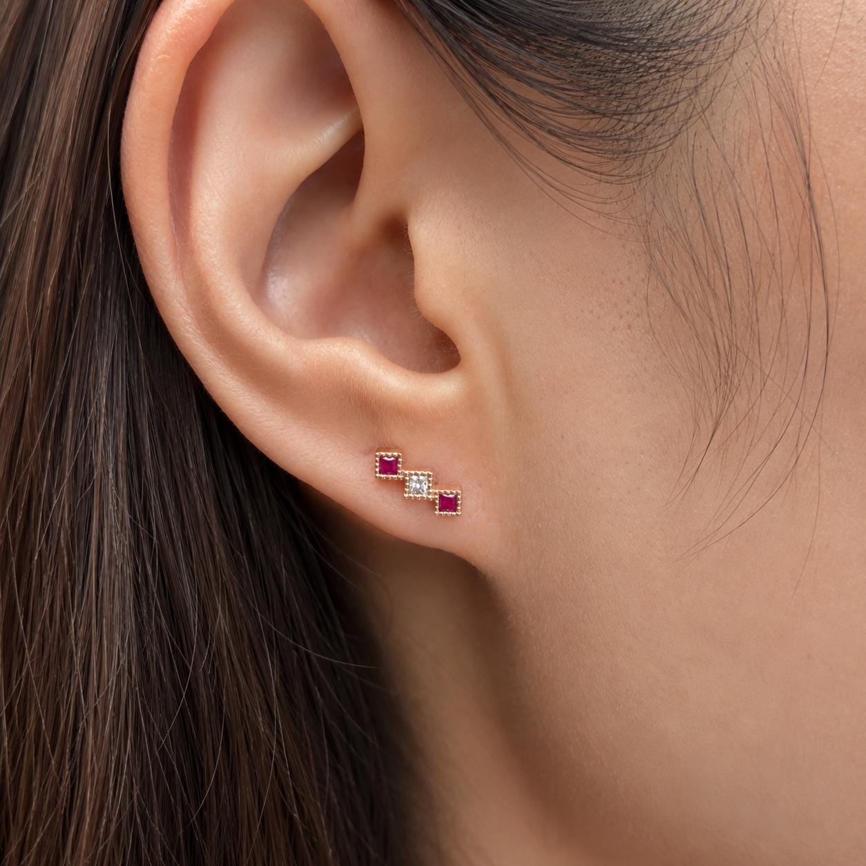 18K Rose Gold Natural Ruby Diamond Stud Earrings | Princess Cut Ruby Earrings | July Birthstone Earrings | Ruby Bar Studs