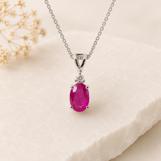 Natural Ruby Diamond Pendant Necklace | 14K White Gold Ruby Necklace | July Birthstone Necklace | Oval Ruby Pendant Gift for Her