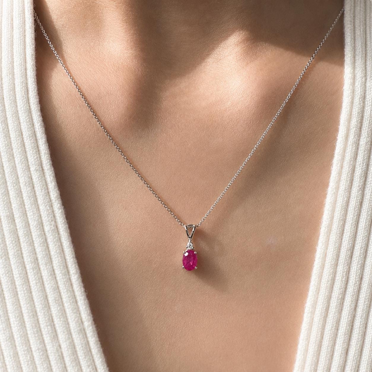 Natural Ruby Diamond Pendant Necklace | 14K White Gold Ruby Necklace | July Birthstone Necklace | Oval Ruby Pendant Gift for Her