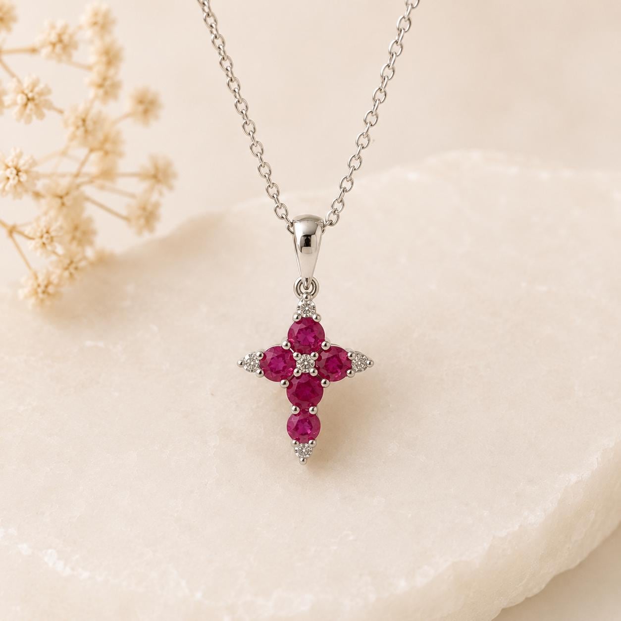 14K Solid Gold Genuine Ruby and Diamond Dainty Cross Pendant (pendant only)