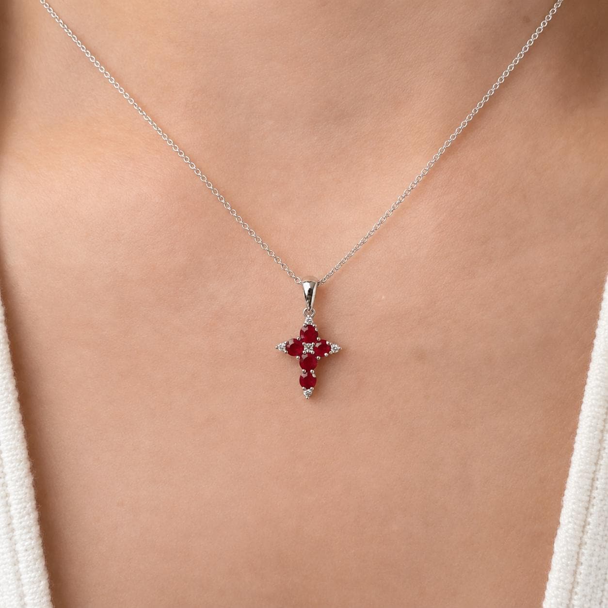 14K Solid Gold Genuine Ruby and Diamond Dainty Cross Pendant (pendant only)