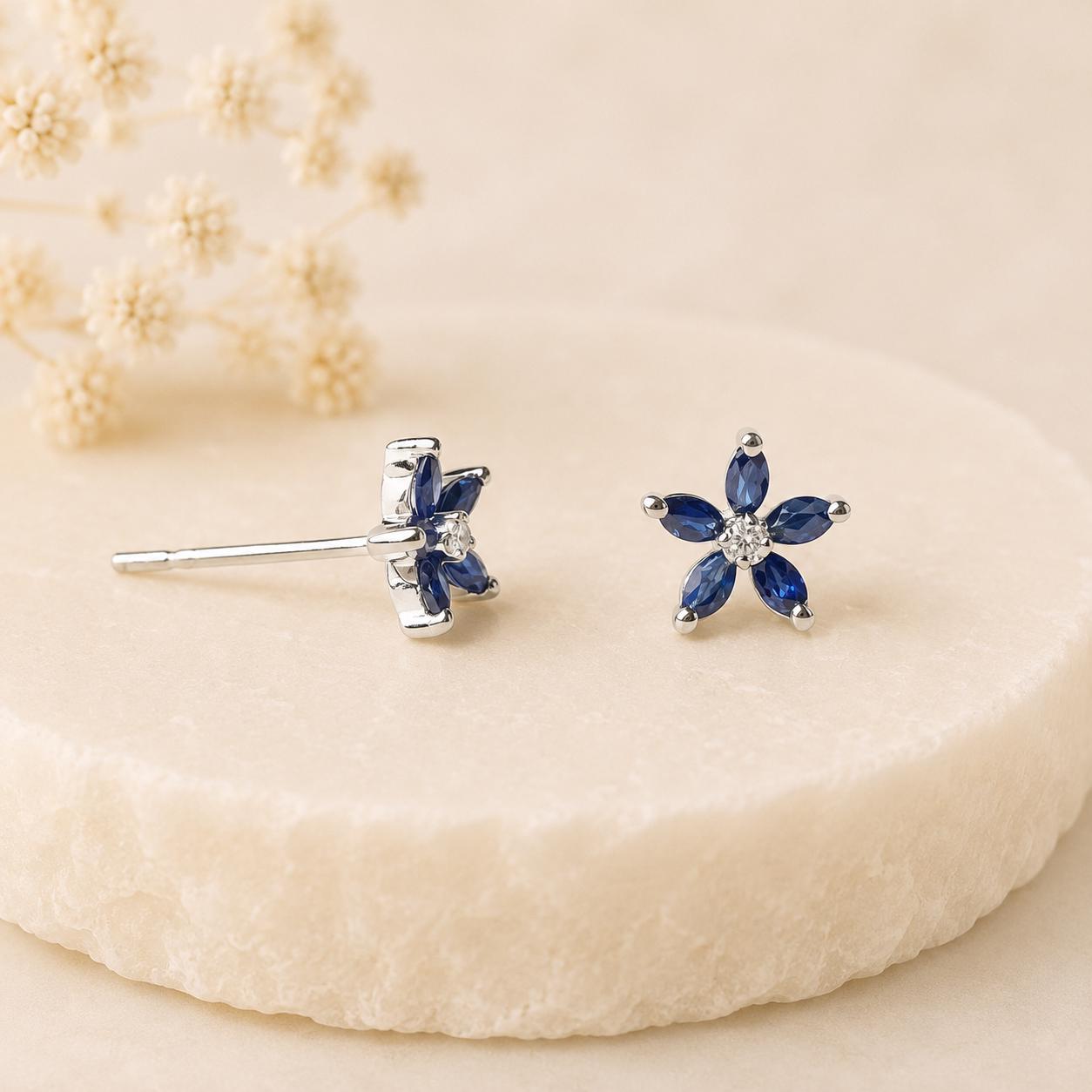 14K Solid Gold Sapphire Flower Studs