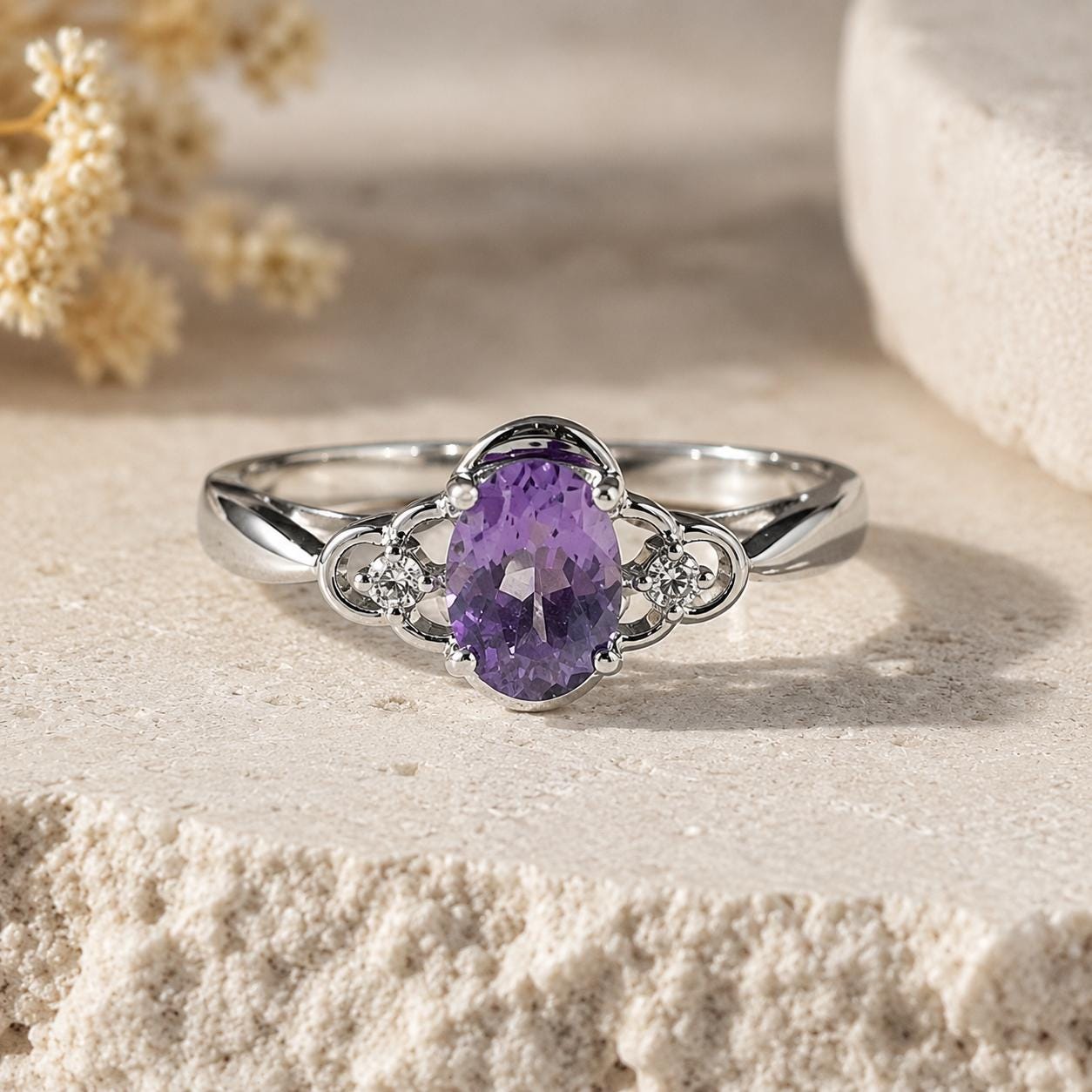14K Solid Gold Genuine Amethyst and Diamond Ring