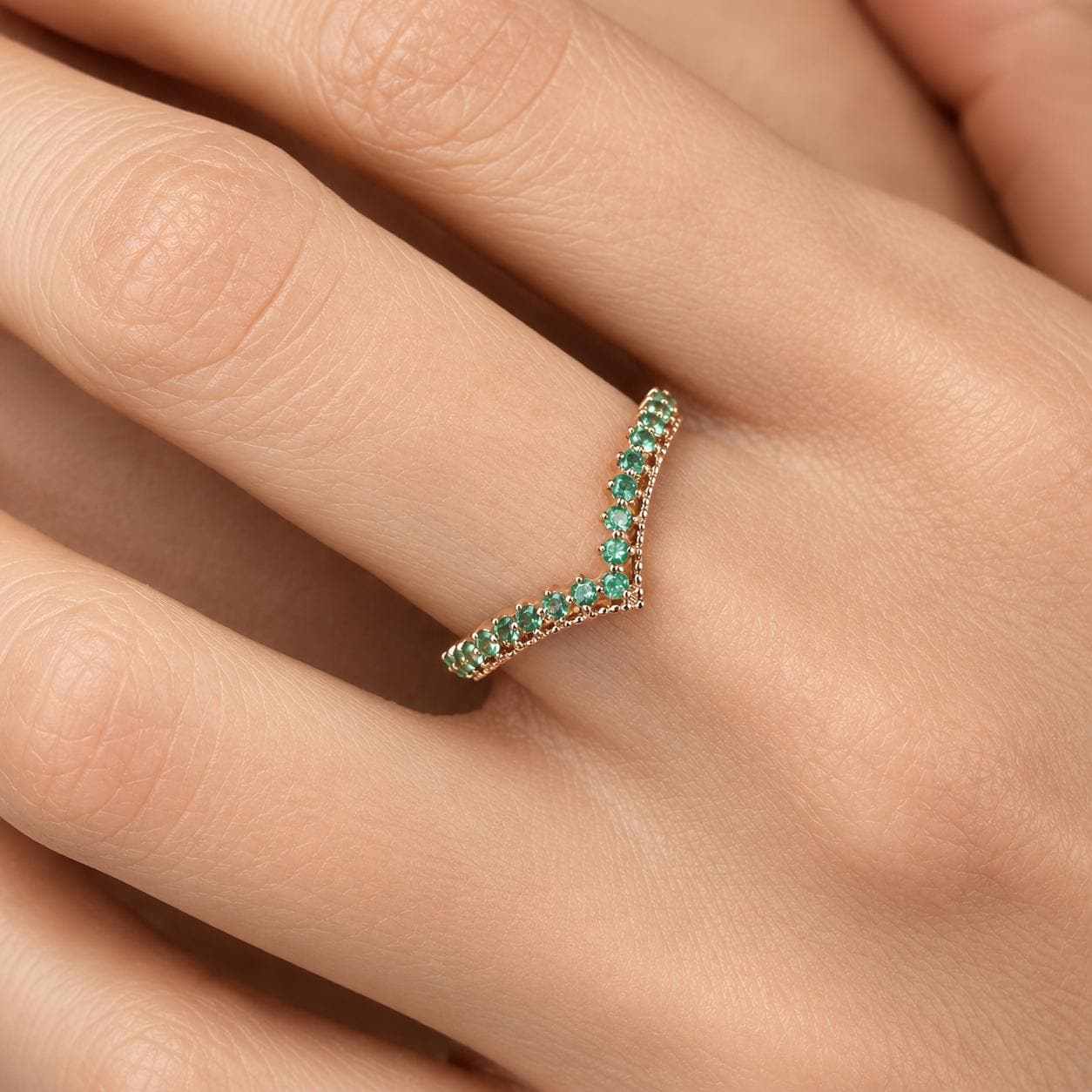 14K Solid White Gold Genuine Emerald Chevron Ring