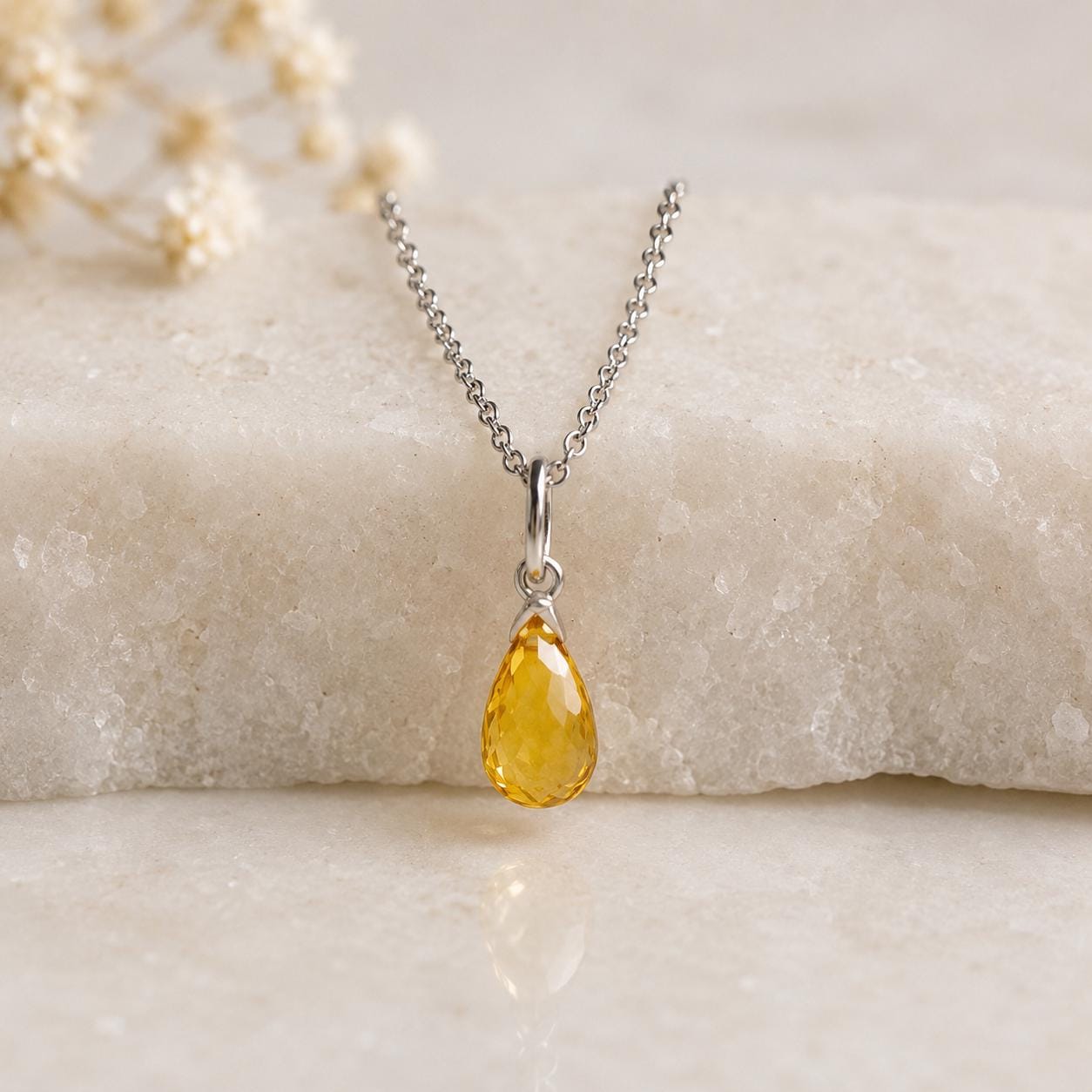14K Solid White Gold Yellow Sapphire Necklace | Natural Yellow Sapphire Pendant | September Birthstone Necklace | Briolette Cut Pendant