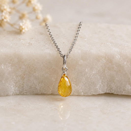 14K Solid White Gold Yellow Sapphire Necklace | Natural Yellow Sapphire Pendant | September Birthstone Necklace | Briolette Cut Pendant