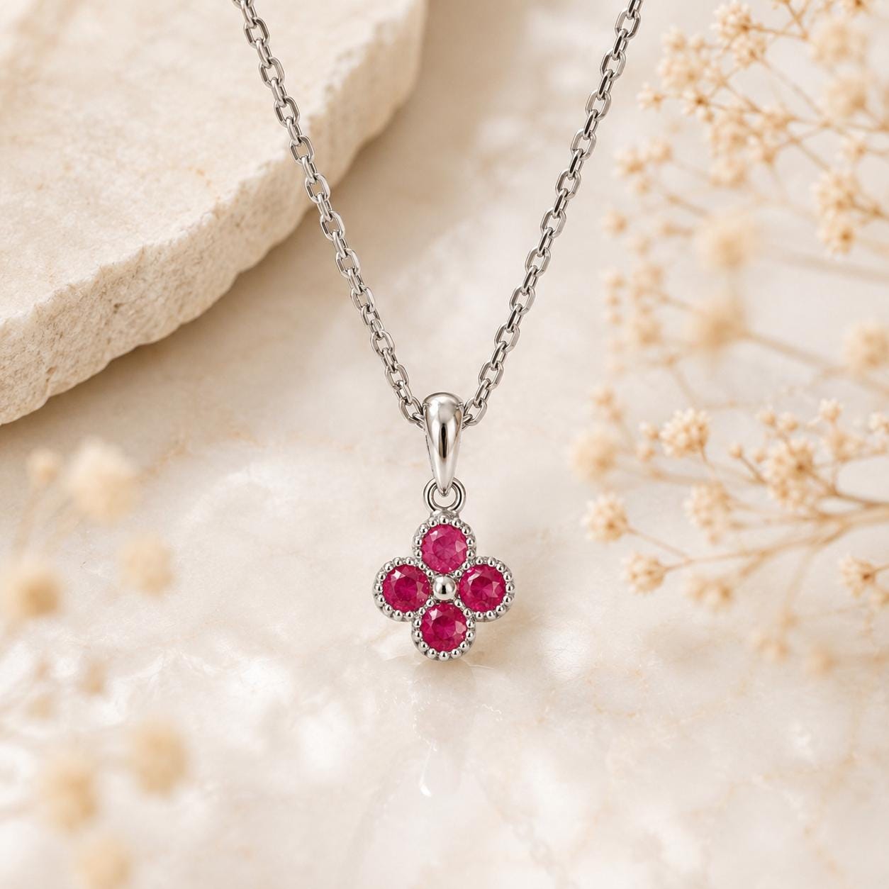 14K Solid Gold Genuine Ruby Clover Pendant (pendant only)