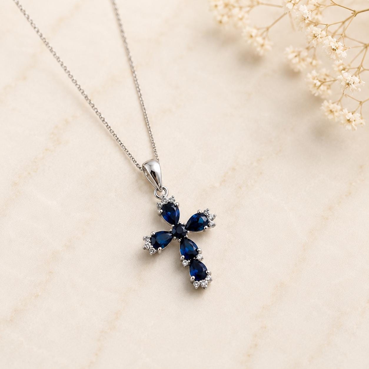 Sapphire Cross Necklace, 14K Solid Gold Diamond Cross Pendant, September Birthstone, Gift for Her