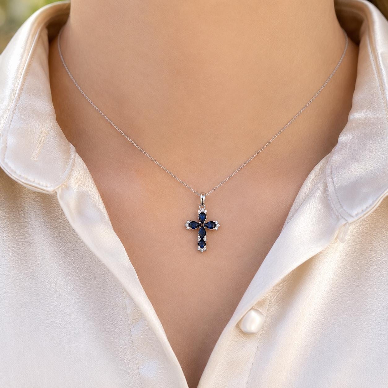 Sapphire Cross Necklace, 14K Solid Gold Diamond Cross Pendant, September Birthstone, Gift for Her