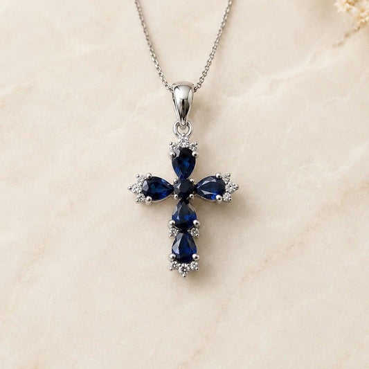 Sapphire Cross Necklace, 14K Solid Gold Diamond Cross Pendant, September Birthstone, Gift for Her