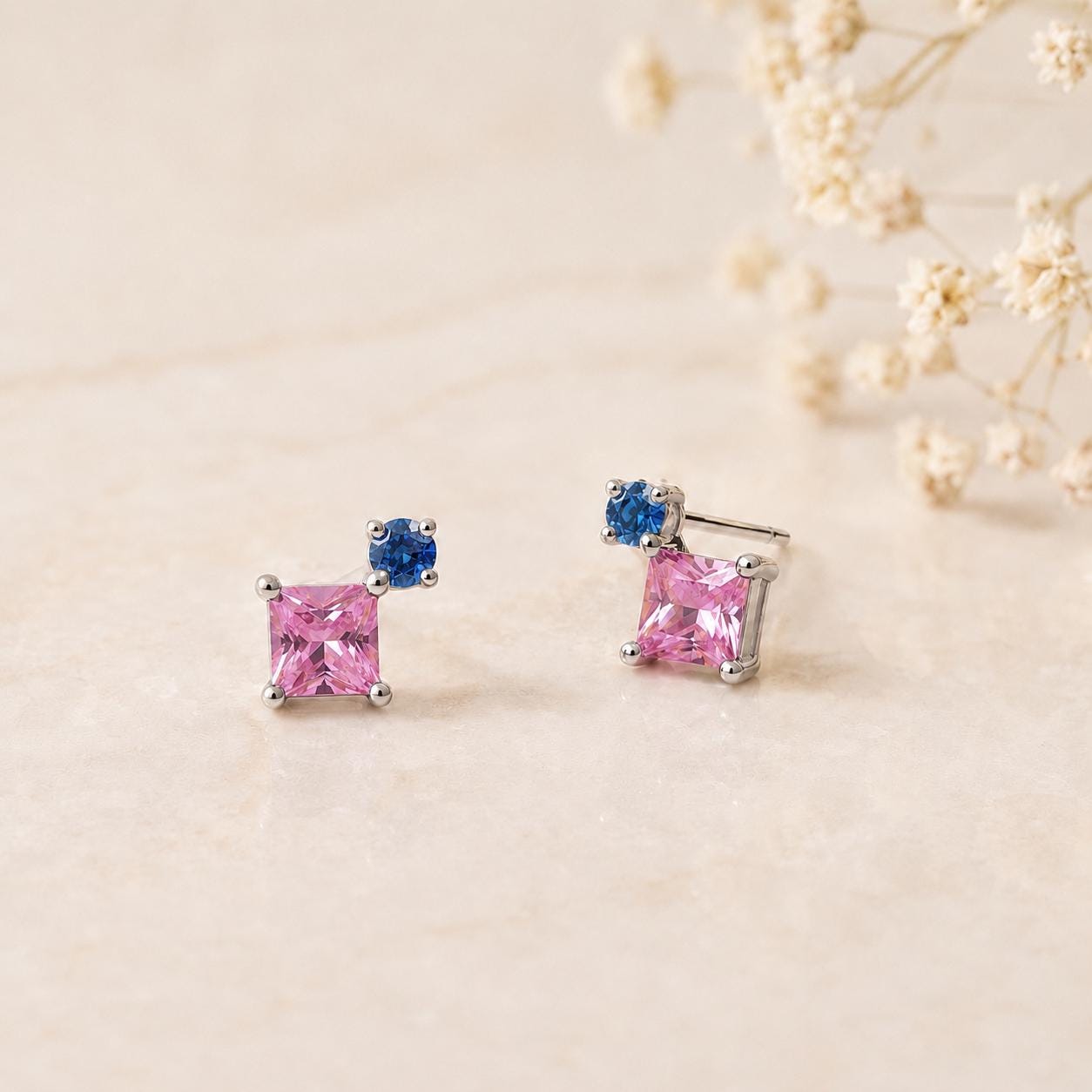 14K Solid Gold Genuine Pink Sapphire and Blue Sapphire Stacked Studs (pair)