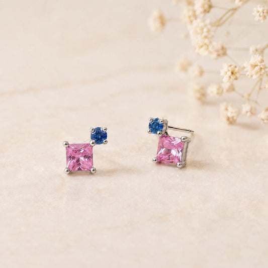 14K Solid Gold Genuine Pink Sapphire and Blue Sapphire Stacked Studs (pair)