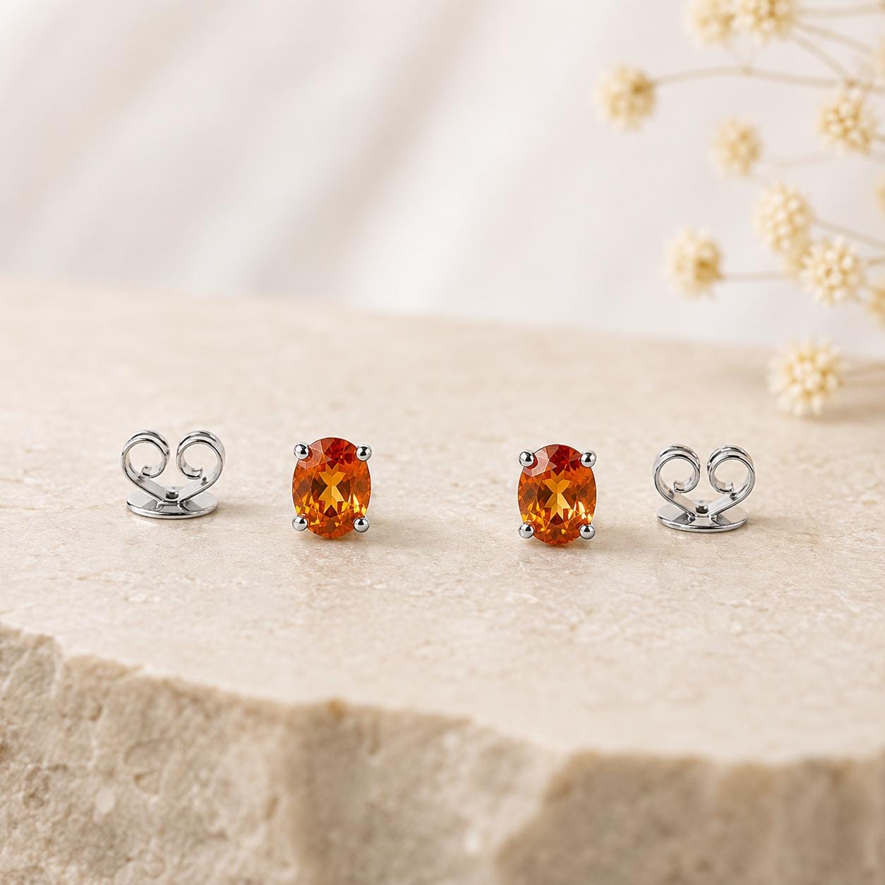 14K Solid Gold Genuine Orange Sapphire Oval Studs/Pair